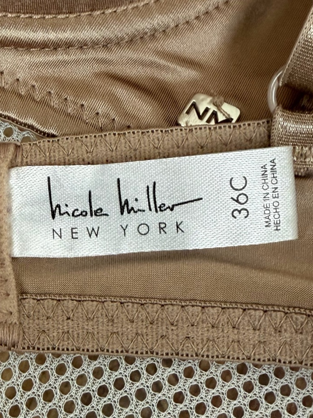 Nicole Miller New York Beige Satin Demi Bra 36C Rhinestone Sparkle Straps Tan NM - Picture 14 of 16
